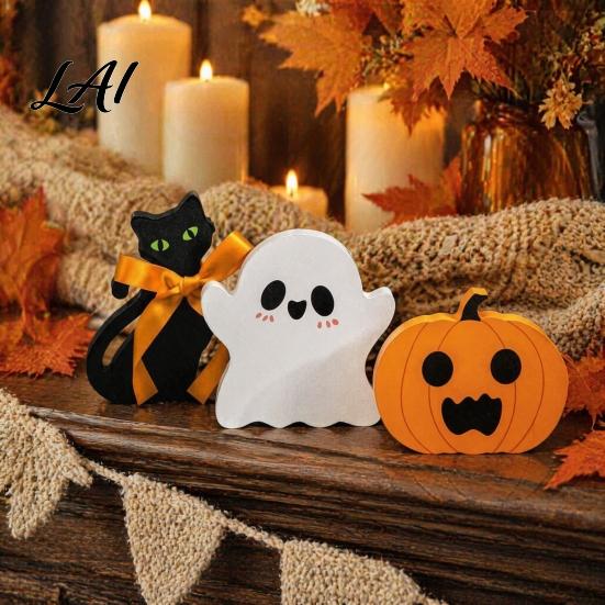 Decorative Wood Crafts for Shelves 3Pcs/Set Halloween Tiered Tray Decorations Cute Ghost Pumpkin Black Cat Wooden Ornaments Ornaments Block