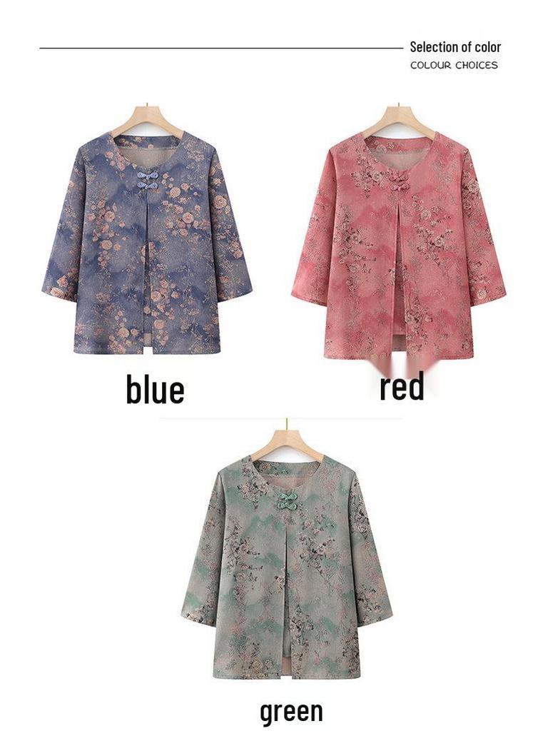 Chinese Style Plus Size Summer Blouse for Middle-Aged & Elderly Women: Mid-Sleeve & Two-Piece Look