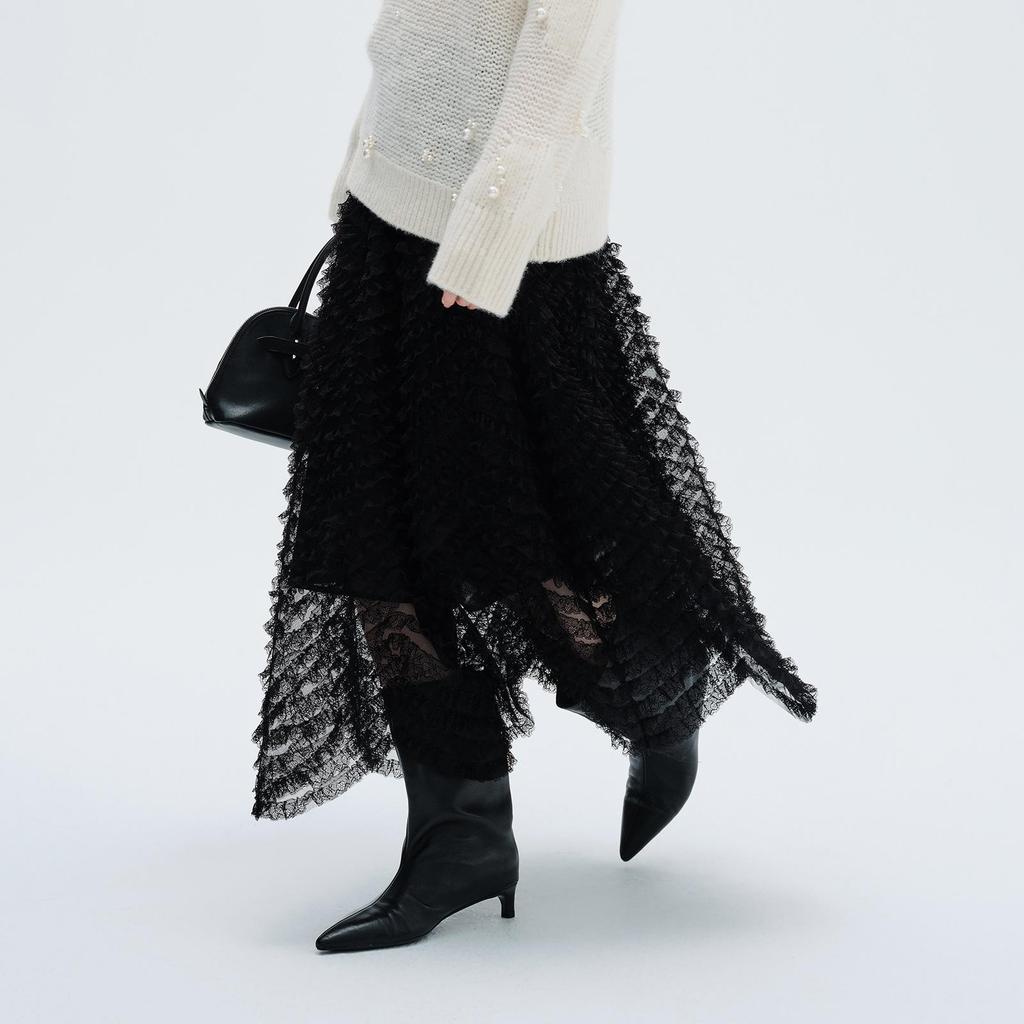 Elegant Women's French Mesh Layered Lace Skirt - New Spring Arrival, Mid-length with Wide Hem and Slimming Fluffy Design
