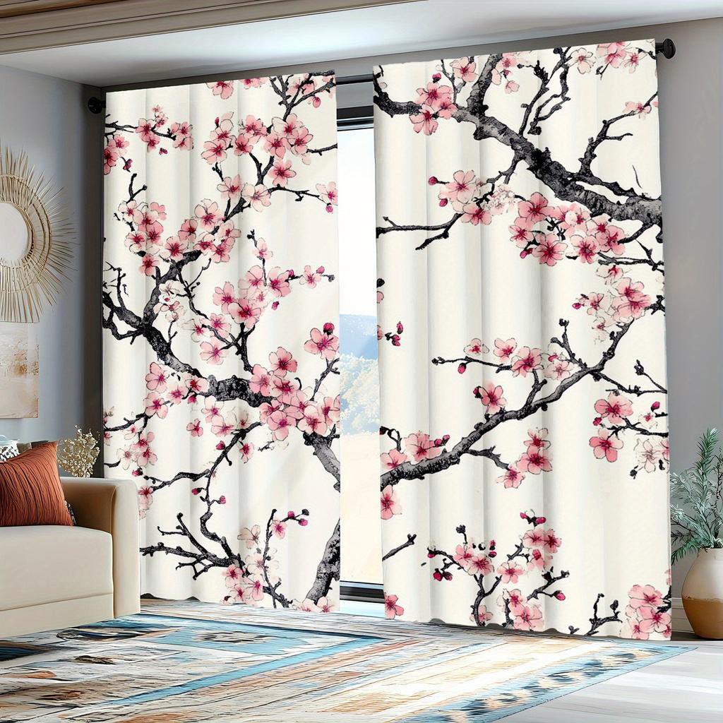 2 Stück Vorhänge mit japanischem Kirschblüten- und Kirschzweig-Druck, Polyesterstoff, geeignet für Schlafzimmer, Wohnzimmer