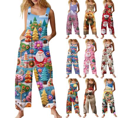 Women's Casual Christmas Printed Jumpsuit Sleeveless Printed Cotton Jumpsuit