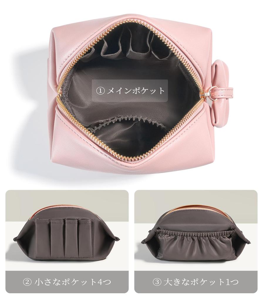 Rownyeon Portable Makeup Cute Ribbon Korean PU Birthday Gift Pouch, Design, Compact, Multi-Compartment, Style, Water-Repellent Leather, Mini, Small,