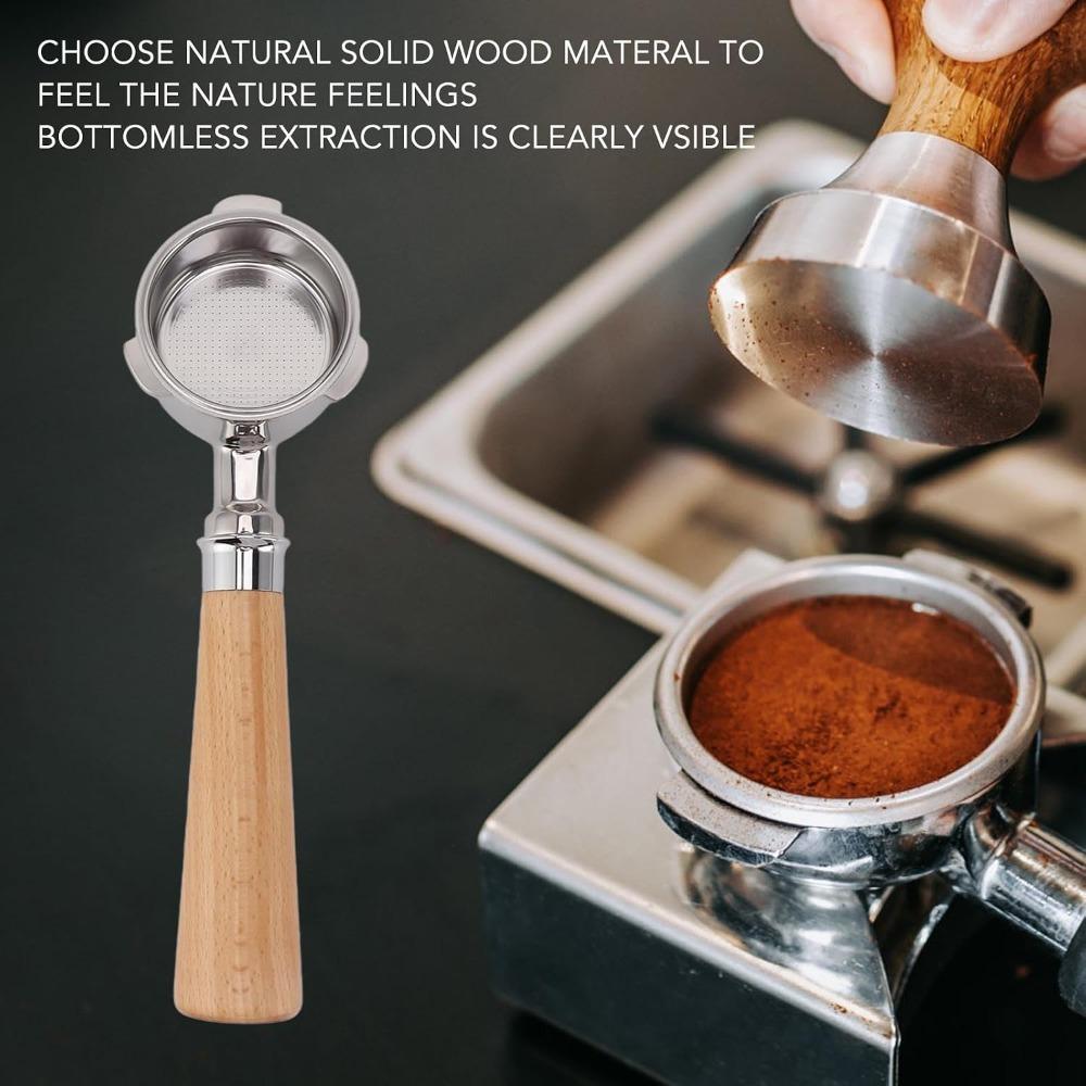 304 Stainless Steel and Wood Bottomless Espresso Portafilter for DeLonghi Espresso Brewing