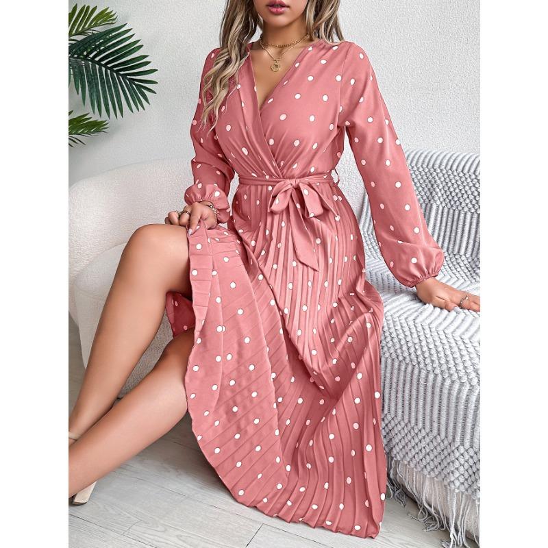 VEZFAA Women's Fashion Spring Fall Polka Dot Print Long Sleeve V-Neck High Waist Casual Dresses