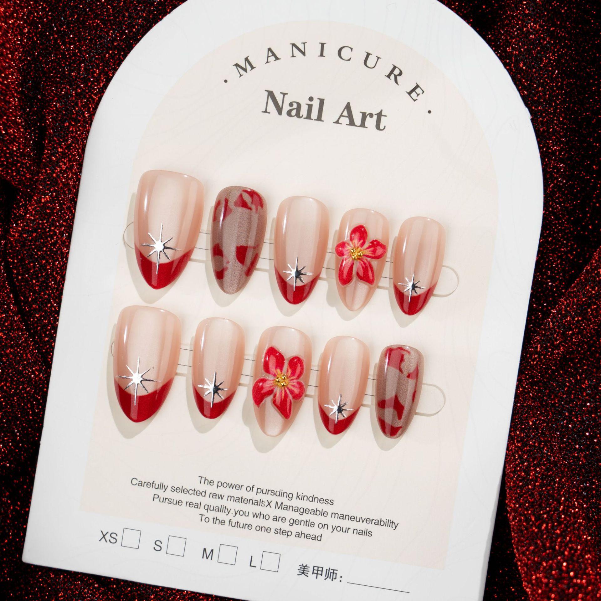 3D three-dimensional flower cat s eye gilt almond wearing nail advanced red French manicure piece