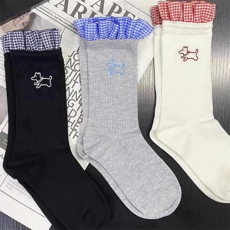 Female Spring and Autumn Personality Trend Blue Check Pattern Lace Puppy Embroidery in The Tube Pile Socks