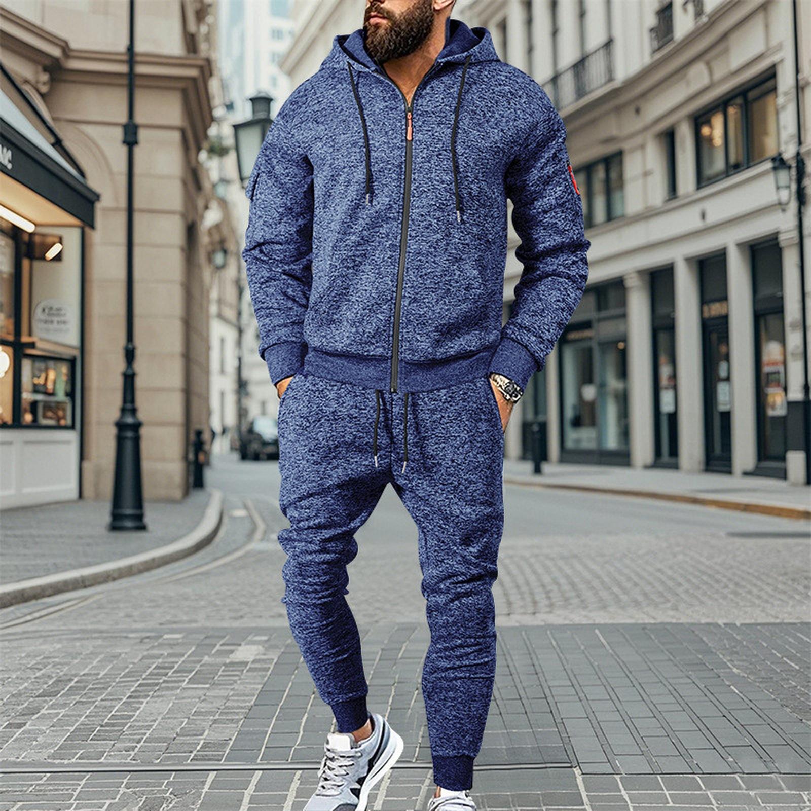 

Men S Hoodie Multi Pocket Hooded Long Sleeved Casual Sports Two-Piece Set XL синій