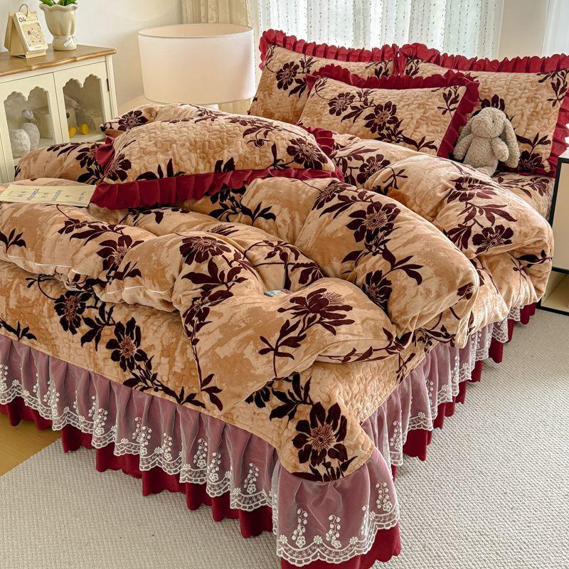 

Домашняя зимняя молочная простыня из четырех частей, коралловый двухсторонний бархат, теплая, плюс бархат, двухсторонняя утолщенная наволочка, постельное белье 1.5m bed sheet4pcs красный