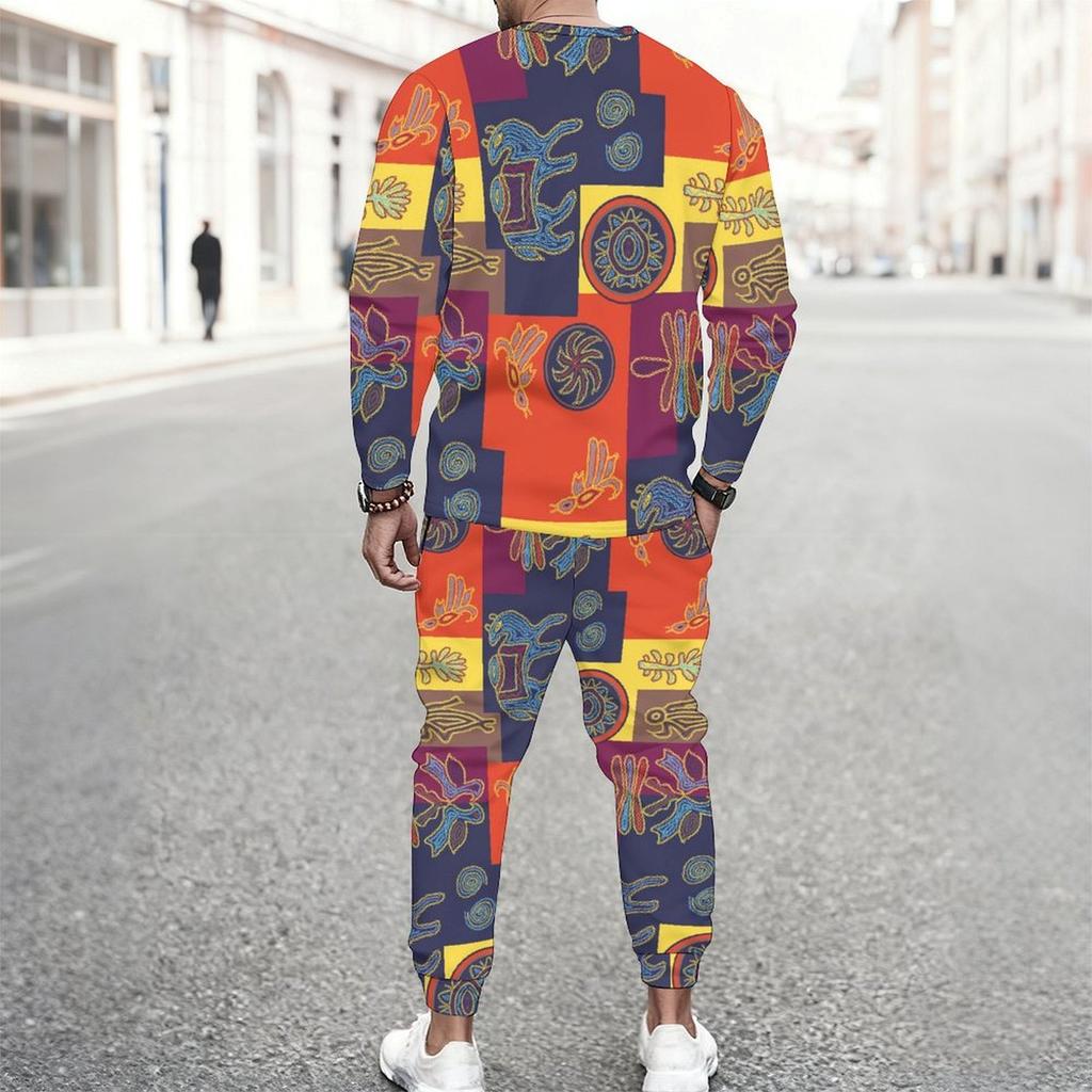 Men Blue Galaxy Starry Light Trail Print Long Sleeve Sweatshirt Jogger Pants Two Piece Suit