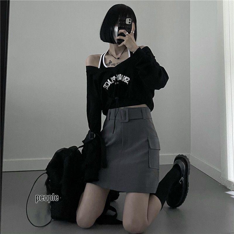 Korean Spring One-Shoulder Two-Piece: Long Sleeve Sweater & Navel-Length Halter Top