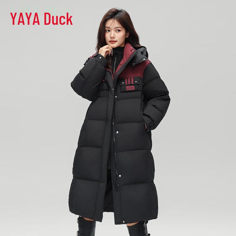 YAYA Women's Hooded Mid-Length Color-Block Down Jacket