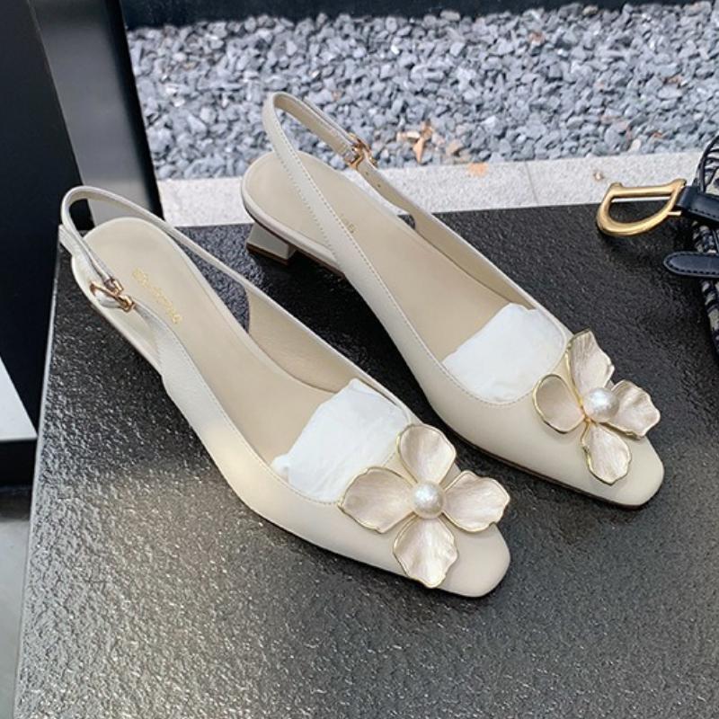 Fashion Elegant String Bead Flower Decoration Brand High Heels Women Sexy Pointy Toe Slingback Designer Shoe Fashion Wedding Bridal Shoe