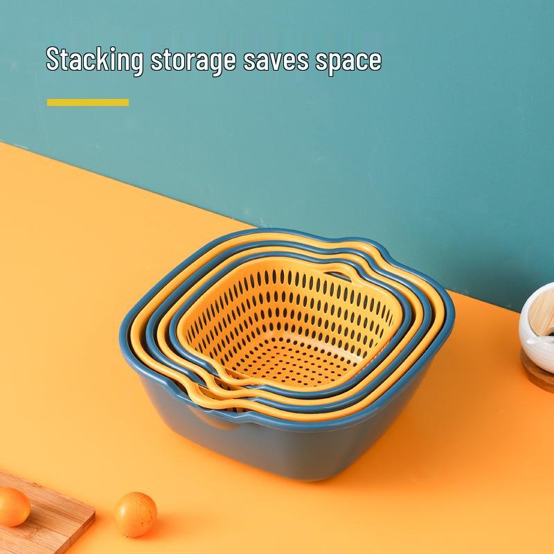 Verdicktes 8-teiliges Doppelschicht-Waschkörbchen-Set für Obst und Gemüse mit Abtropfschale