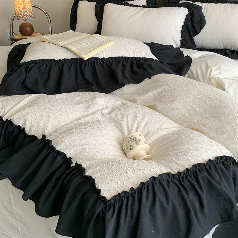 French Large Lace Bedding Set Four-piece Set Princess Style Skin-friendly and Comfortable Washed Quilt Cover Bed Sheet Pillowcase