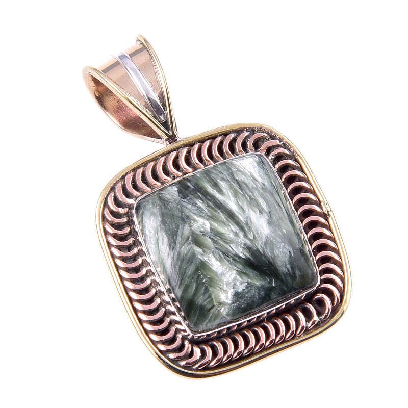 Natural Seraphinite 925 Solid Sterling Silver Jewelry TwoTone Pendant 1.25" o4B60