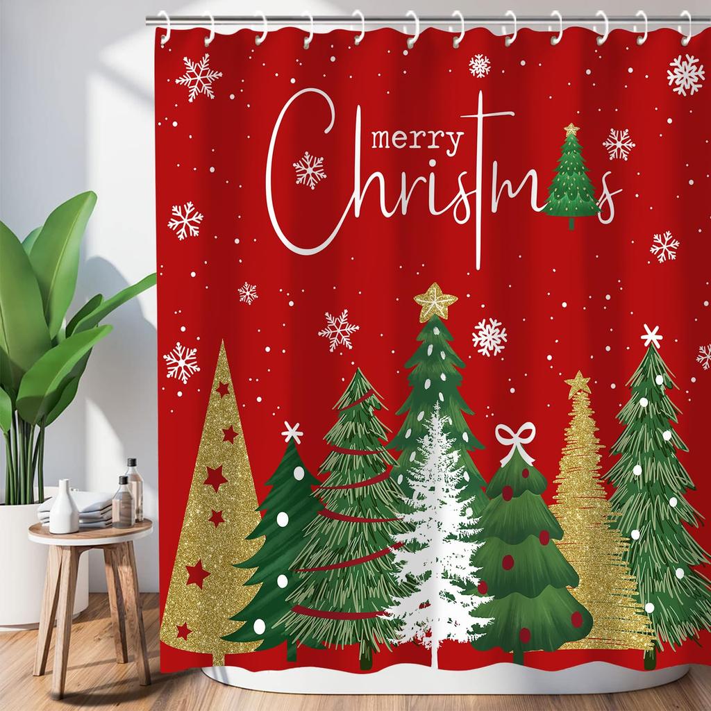 Christmas Shower Curtain Winter Snowy Landscape Forest Shower Curtain Xmas Pine Tree Bath Curtain with Hooks Home Bathroom Decor