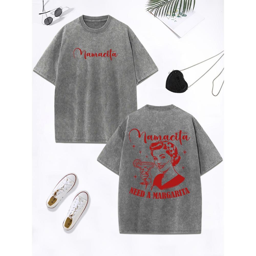 Mamacita Needs A Margarita Lemon Printing Washed T-Shirt Women Cotton Oversize Tops Distressed O-Neck T Shirt Clothes