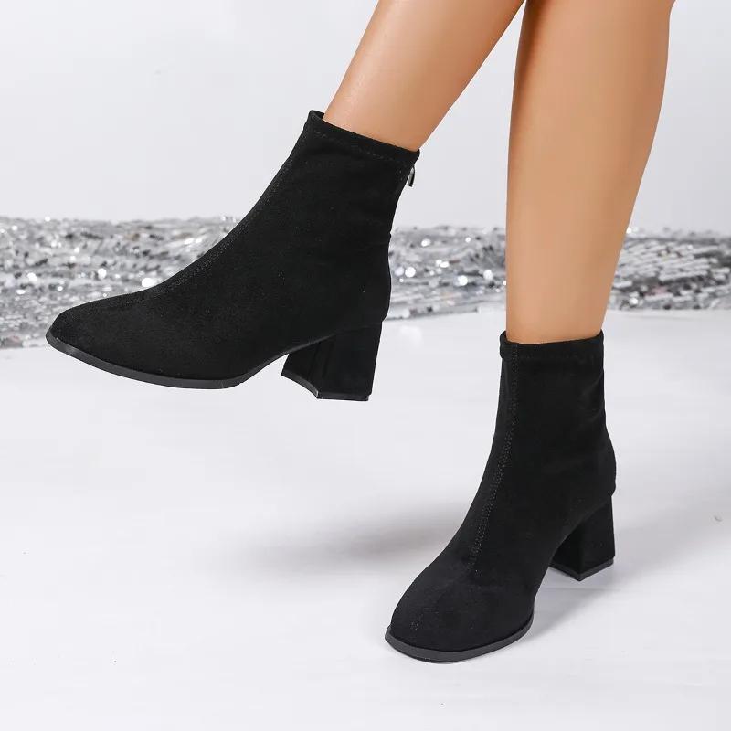 2025 New Women's Fashion Boots Square Toe Rough Heel High Elastic Short Boots Leopord Fashion Comfortable Plus-size Women Shoes