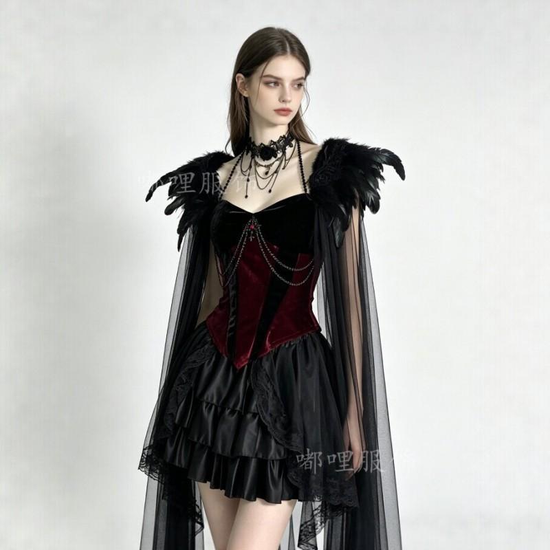 Gothic Vampire Cosplay Costume Women Halloween Black Feather Cape Dress
