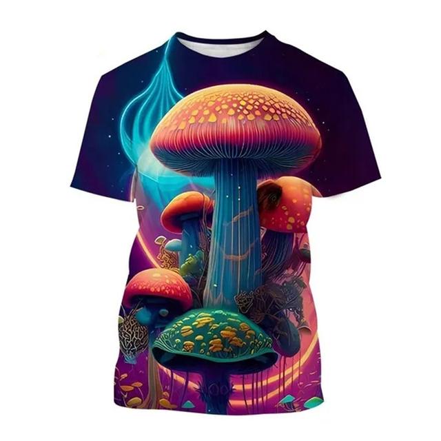 Neutrales T-Shirt mit 3D-Pilzdruck, Pflanzenmuster, Rundhalsausschnitt, kurzärmlig, Waldmode, lässiges Oberteil, hochwertige Kleidung, 6XL