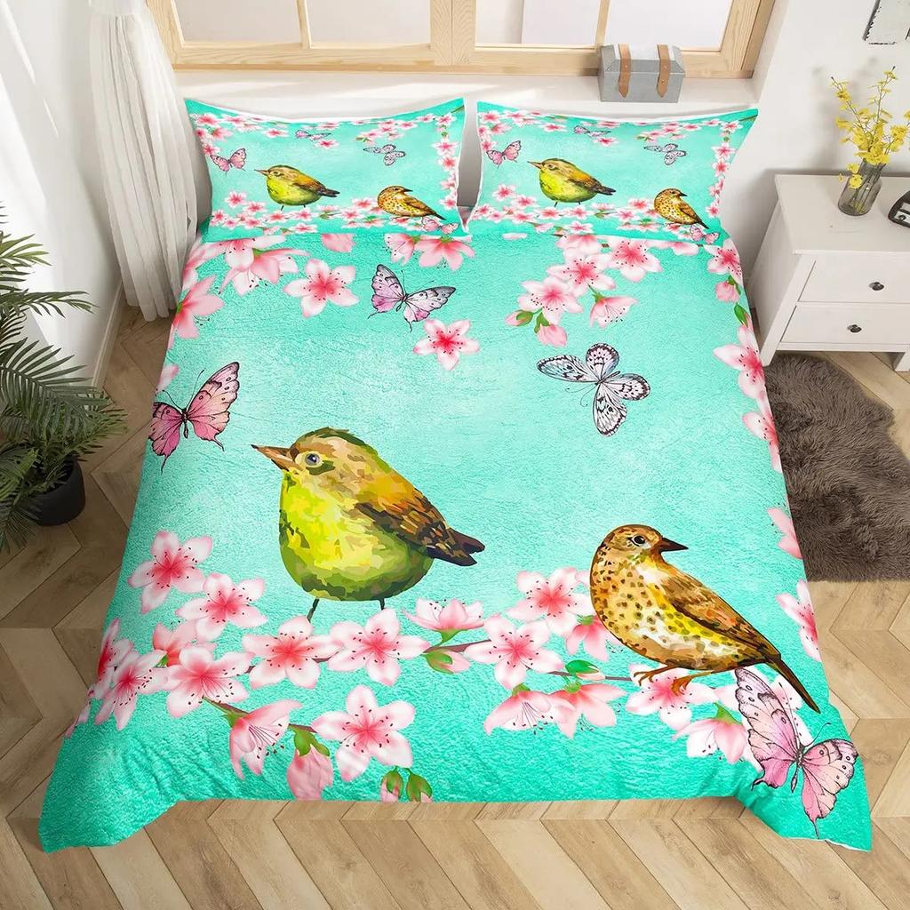 Cute Birds Duvet Cover King Size Pink Peach Flower Bedding Set Polyester Bird Butterfly Wild Animal Comforter Cover For Boy Girl