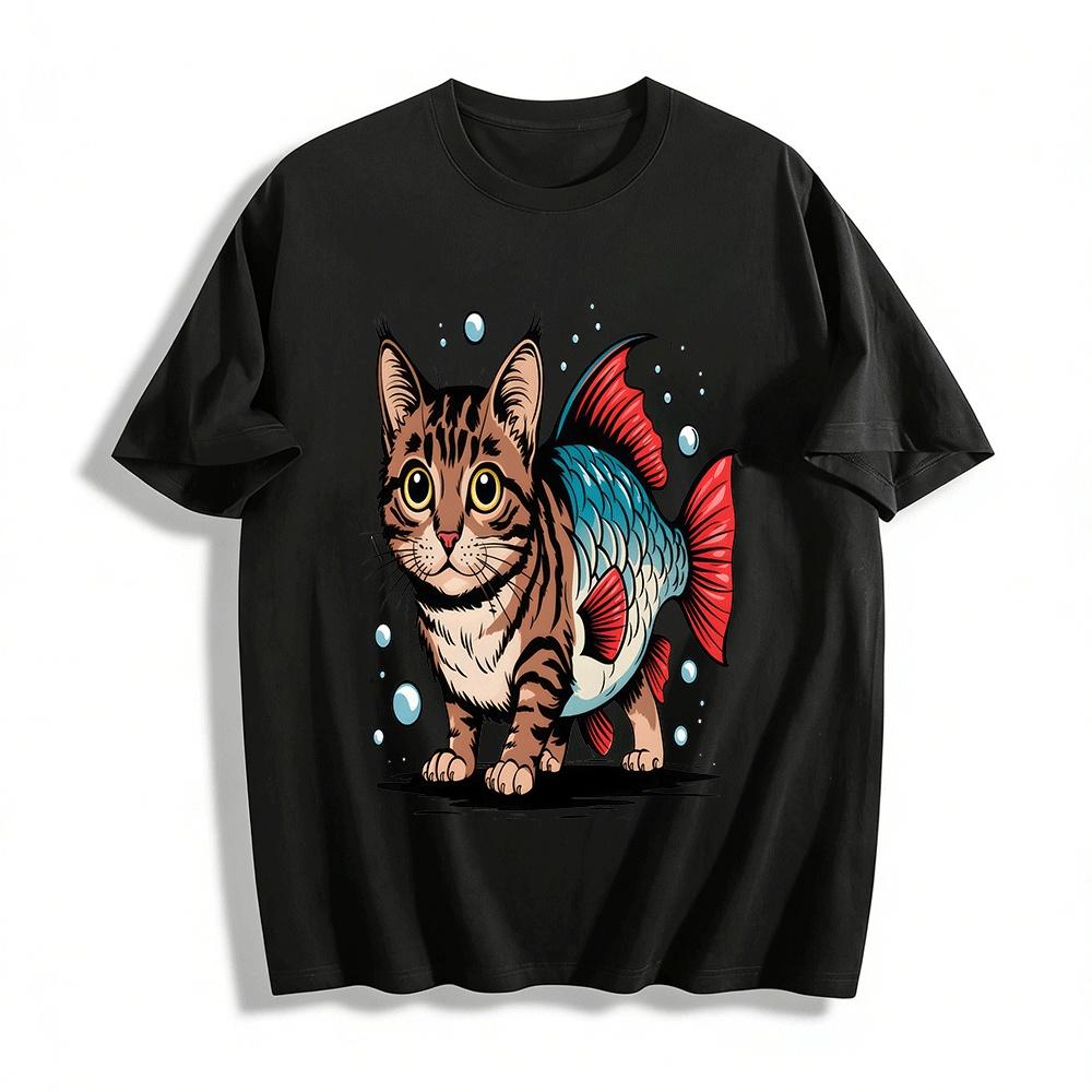 Funny Cat Fish Hybrid Print Casual Short Sleeve T-Shirt Pure cotton T-shirt XXS