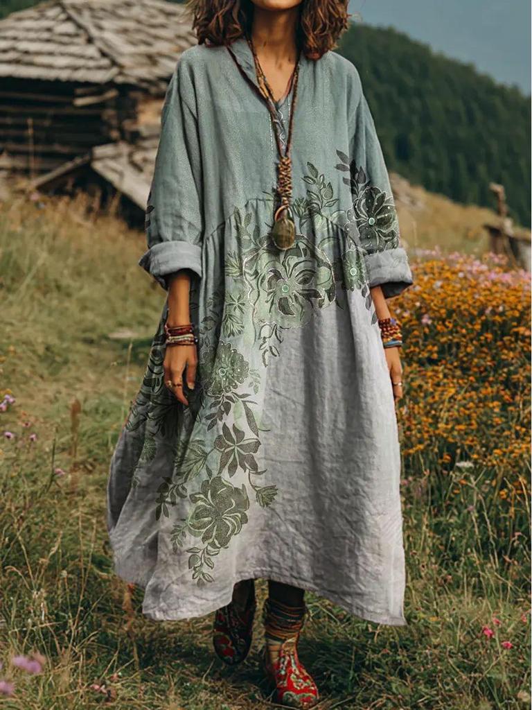 Retro Böhmisches V-Ausschnitt Ethnisches Stil Kleid - Europäischer & Amerikanischer Lässiger Lockerer Schnitt