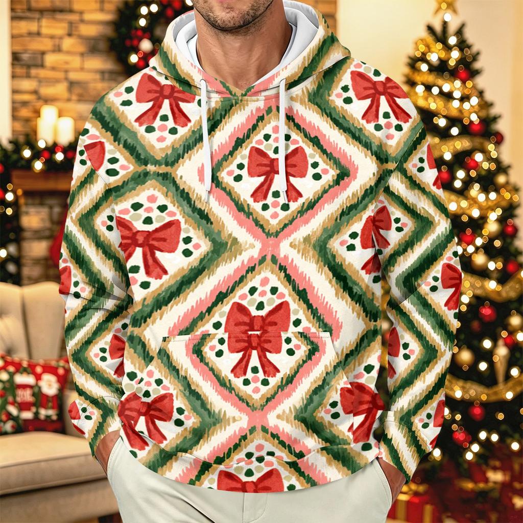 Men's Long Sleeve Christmas Print Pullover Hoodie for Holiday Party and Everyday Wear