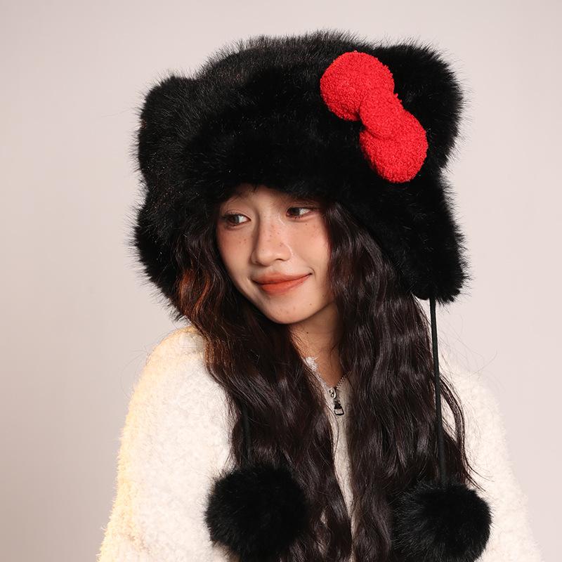 Red Bow Hat for Women Cute Animal Fashion Warm Plush Hat Autumn and Winter New Cartoon Ear Protection Lei Feng Hat