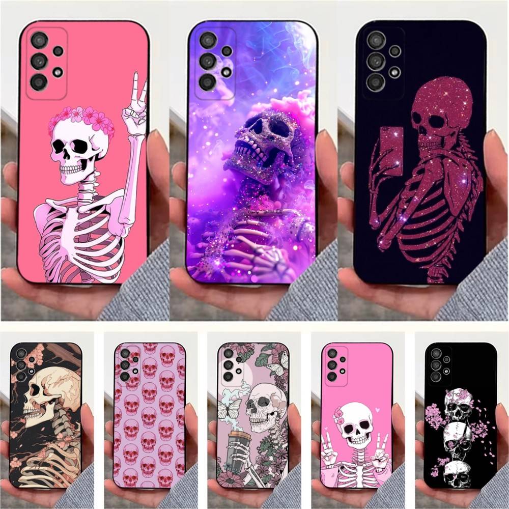 P-Pink Skulls Case For Samsung S22,S25,S24,S23,Ultra,FE,S20,S10,Plus,S21,S9,Lite,Soft Silicone Black