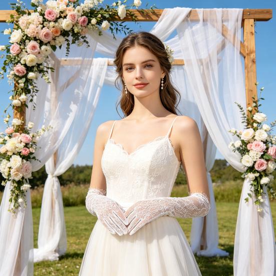 Bridal Lace Gloves Five-Finger Sheer Wedding Gloves Elegant Long Short Mesh Gloves for Women Tea Party Cocktail Party Prom