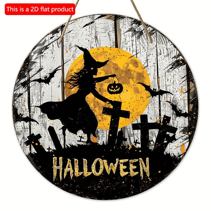 2d Flat 20*20cm, Halloween Popular Home Decoration, Halloween Witch Circular Wooden Logo Creative Decorative Board, for Home, Club, Bar Decor.