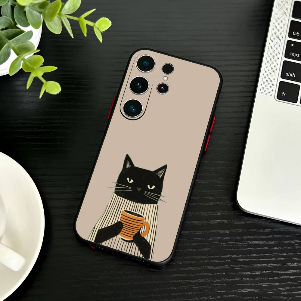 Striped Shirt Coffee Cat Phone Case For Samsung S26,S25,S24,S23,S22,S21,S20,Ultra,Plus,FE Black Soft Cover