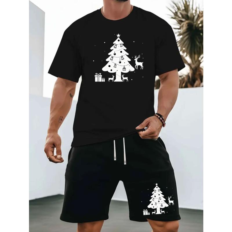

Европейский размер 2026 Лето Новая мужская спортивная повседневная футболка с круглым вырезом и короткими рукавами, изготовленная из трикотажной ткани с изображением рождественской елки S чёрный
