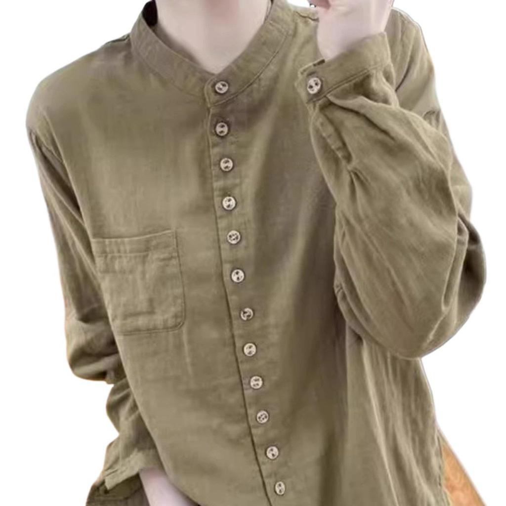 Southeast Asia Retro Stand Collar Plus Size Cotton Linen Shirt - Casual Loose Fit Long Sleeve