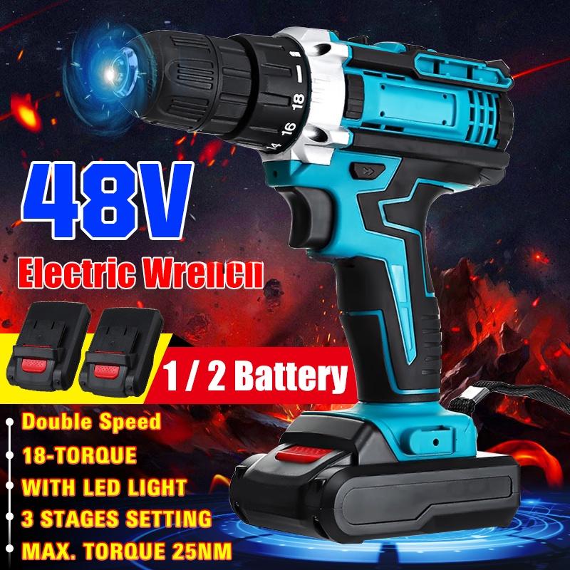 28N.m Rechargable Electric Hammer Drill Max Torque LED Light Screwdriver 1/2 Battery 1 Charger 48V 1500W