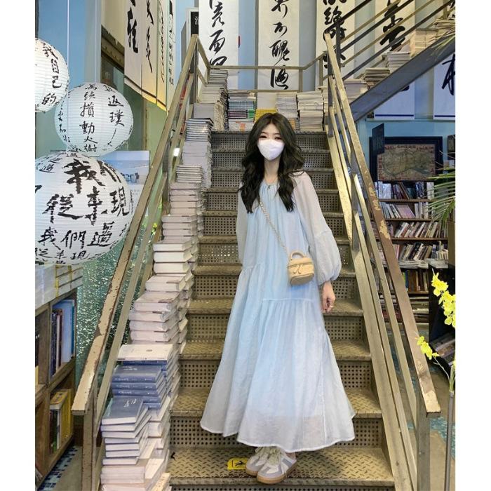 

[Original fabric + inner lining] Lazy wind glacier blue lantern sleeve dress women s autumn loose irregular long XL