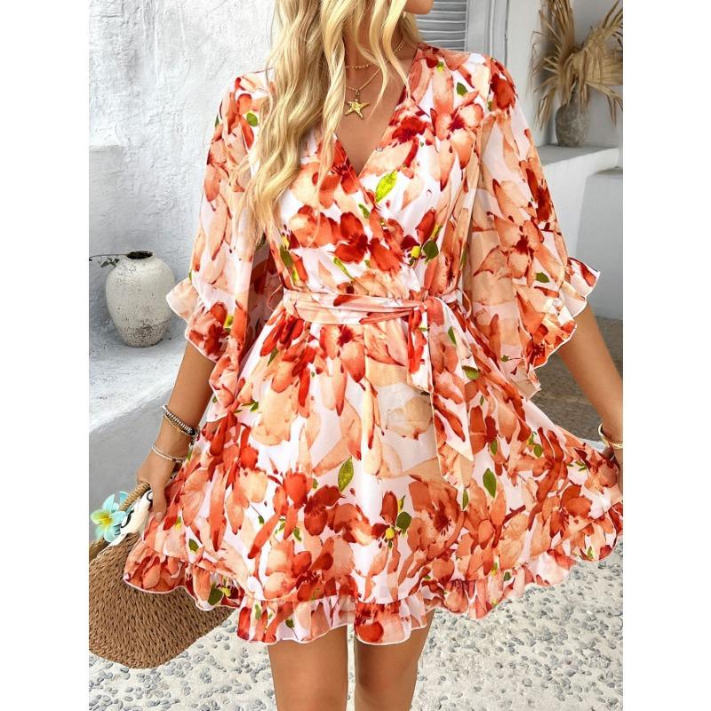 Women's Summer Vacation Casual Printed Lace-up Chiffon Dress
