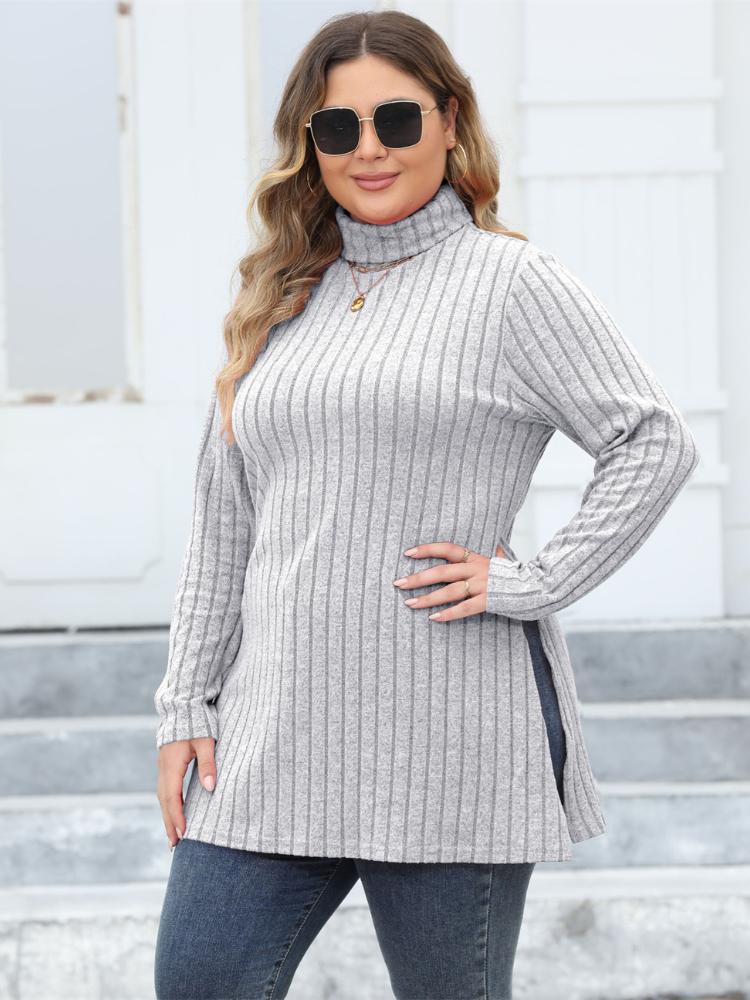 Casual Side Split Knit Long T-Shirt Women Spring Turtleneck Long Sleeve Y2K Tops Female Simple Design Vintage Streetwear Tee 2024