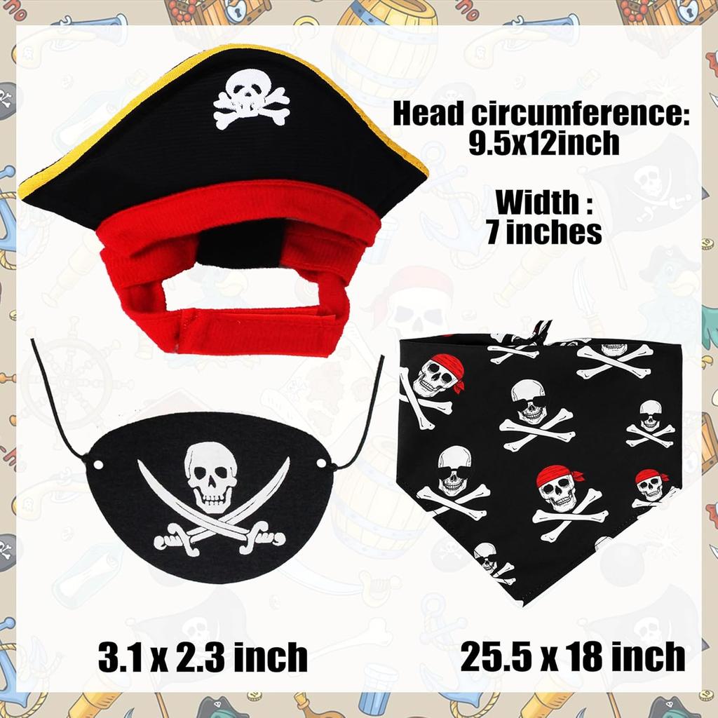Cat Pirate Costume - Pet Hat, Skull Triangle Bandana, Halloween for Dogs Cats With Captain Headwear and Party Necklace