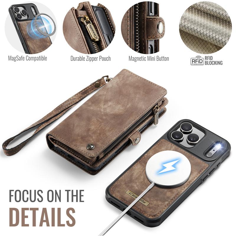 CaseMe Magnetic Flip Leather Phone Case for iPhone 17 Pro Max 17 Air 16 16E 15 Plus 14 13 12 11 XS X XR SE 2022 Zipper Wallet Card Back Cover Coque
