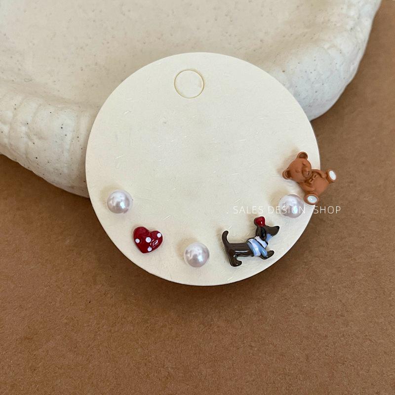 Осенние Мультяшные Серьги-Гвоздики с Щенком и Медведем - Милый, Уникальный Дизайн с Серебряной Иголкой для Женщин