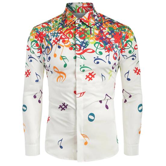 Men Autumn Musical Note Printed Long Sleeve Turndown Collar Shirt Blouse Top