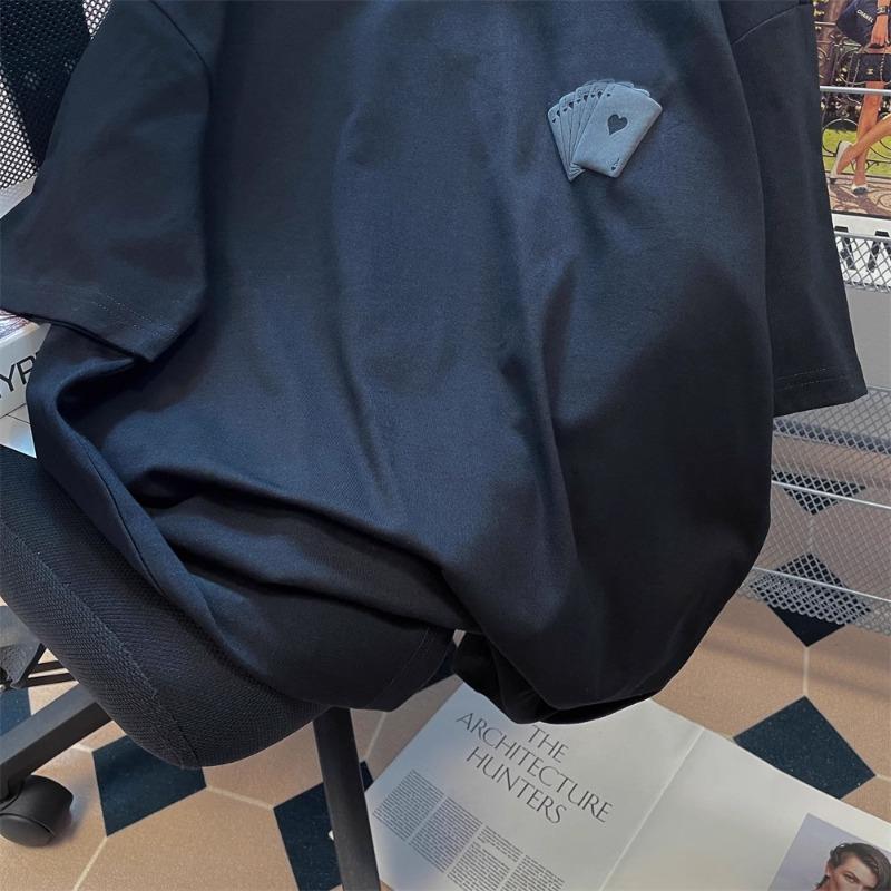 Retro Print Playing Card Short Sleeved T-shirt Oversized Women Short Sleeved Tee Summer Loose Round Neck Solid Color Top