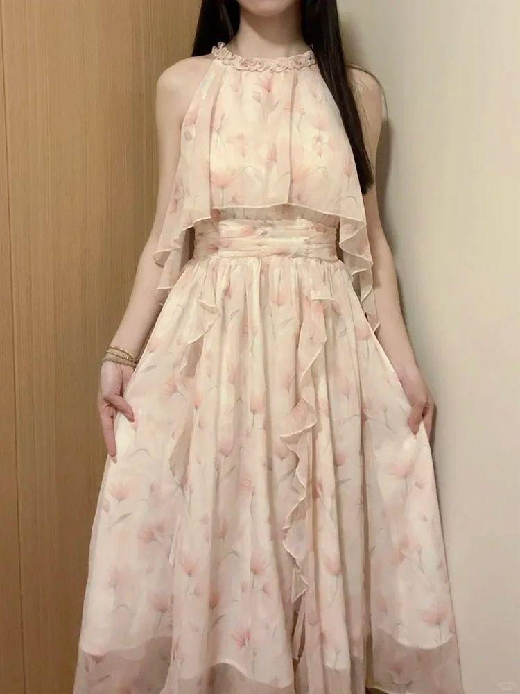 Summer new waist and thin irregular floral neck dress French fairy temperament vacation dress S розовый