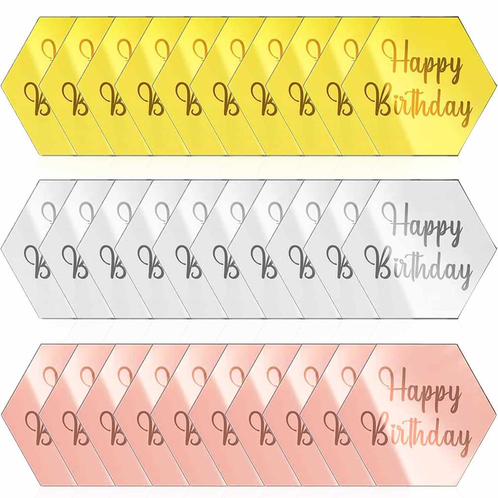 30 Pcs DIY Cupcake Decoration Toppers - Happy Birthday Mirror Acrylic Disc for Birthday Party, Gold+Rose Gold+Silver