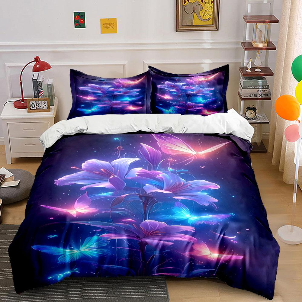 Glowing flowers and butterflies. Bedding sets Duvet cover sets Duvet covers Pillowcases(1*Duvet Cover 2*Pillowcases without duvet insert)