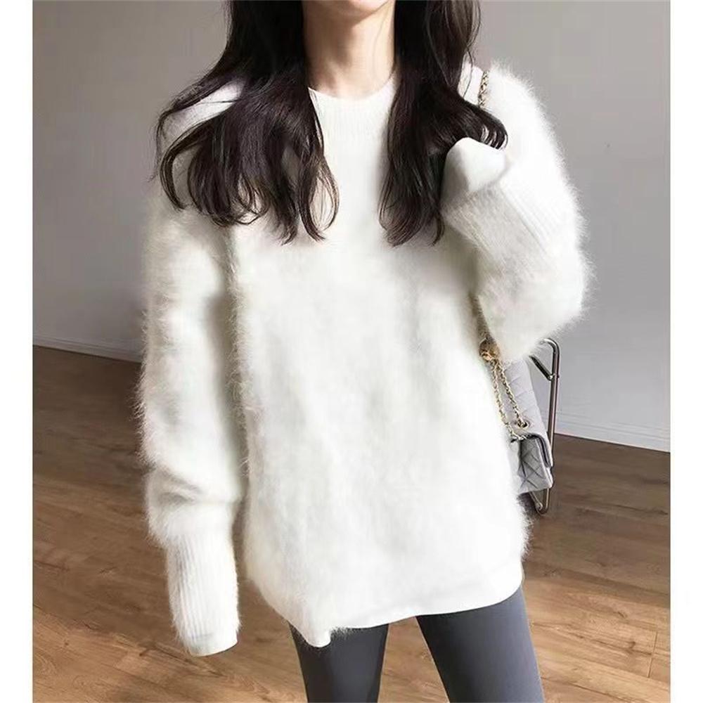 Women Autumn Winter Thick Mink Velvet Knitted Tops Female Round Neck Loose Pullover Ladies Solid Color Sweaters Tops