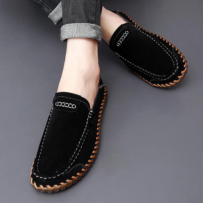 Men Loafers Handmade Sewn Moccasins Slip-on Male Flats Leather Casual Lightweight Men Shoes Daily Commute Footwear Driving Shoes