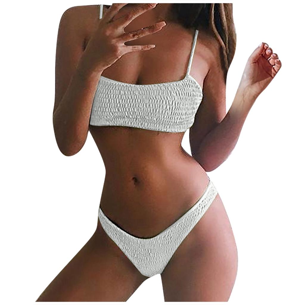 Women Casual Fashion Solid Color Two Piece Swimsuit Bikini Set Stretch Fabric Adjustable Straps Summer Beachwear Swimwear